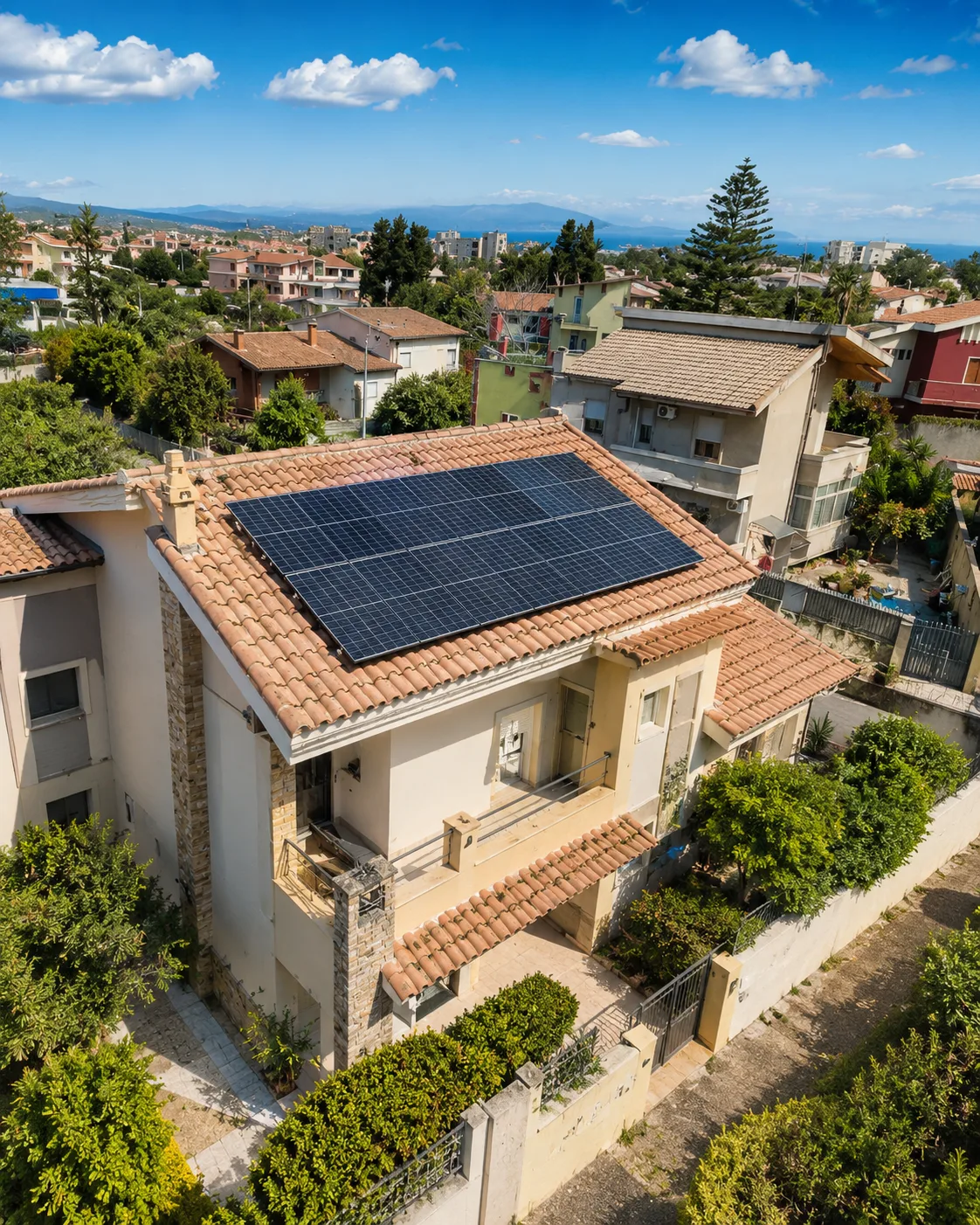 Vista dall'alto di una villa a due piani con i moduli fotovoltaici sulla falda del tetto in coppi, in un quartiere residenziale con il golfo sullo sfondo