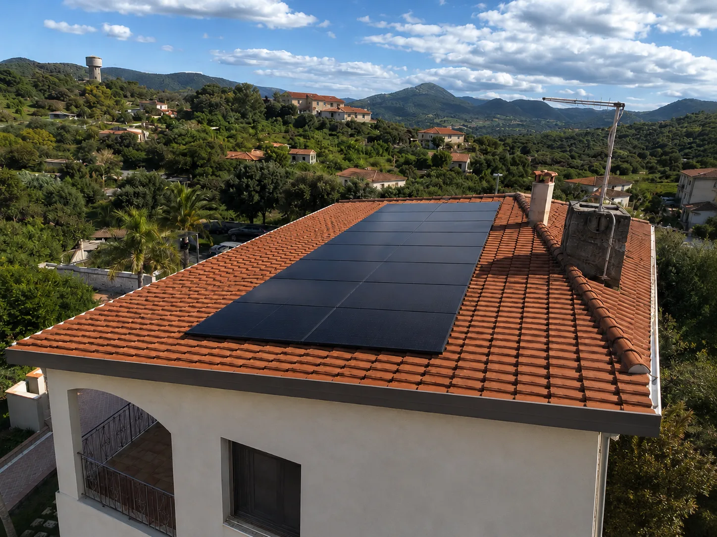 Vista dall'alto del tetto a padiglione in coppi con una fascia continua di moduli fotovoltaici neri, sullo sfondo il paese e le colline