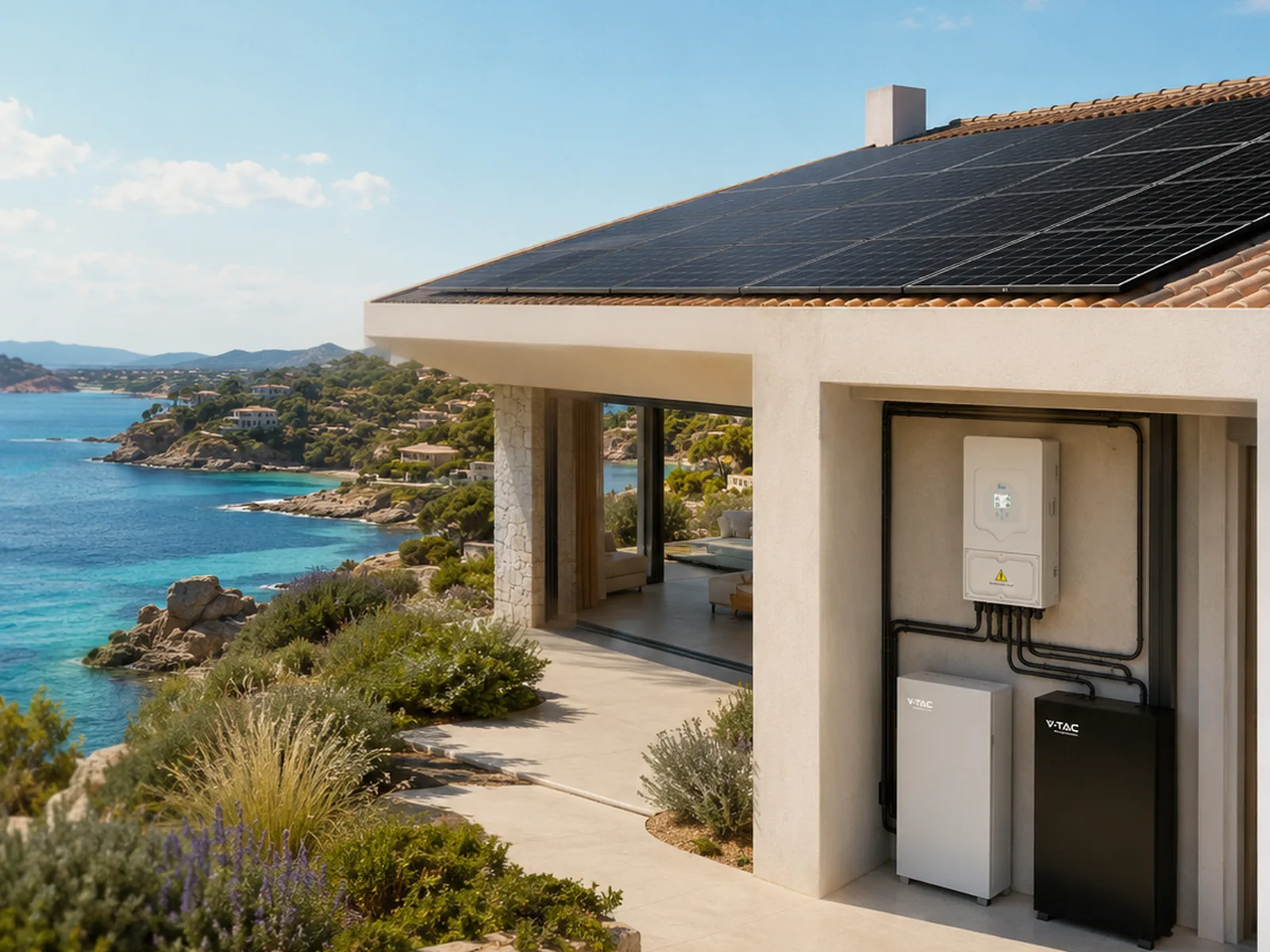 Impianto fotovoltaico completo: pannelli sul tetto, inverter e accumulo installati in una villa